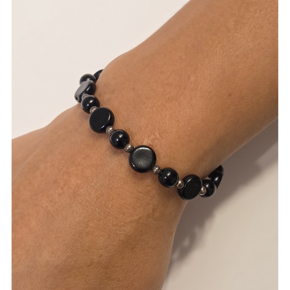 Vintage Sterling Silver & Black Onyx Bead Bracelet Toggle Clasp 7.5"